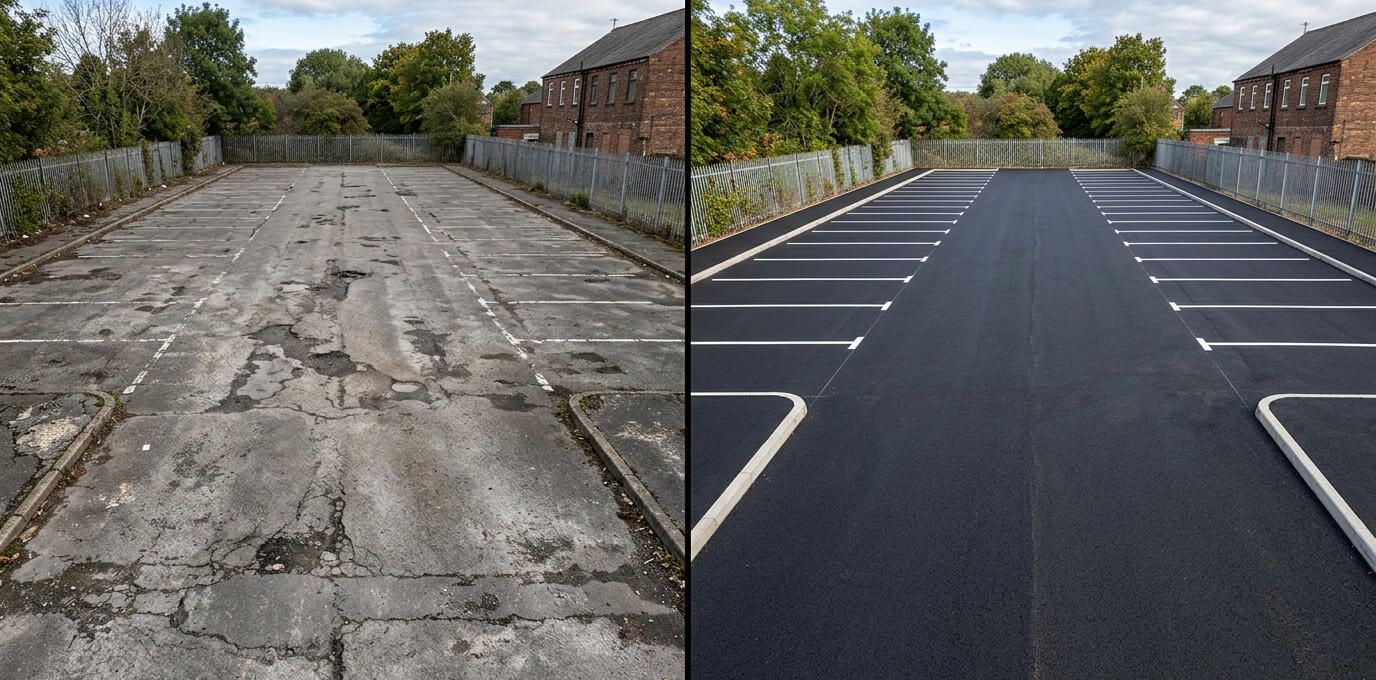 A freshly marked, clean car park with crisp, white line striping. Professional pavement marking service by Cotswold Line Striping Co. in the Cotswolds.